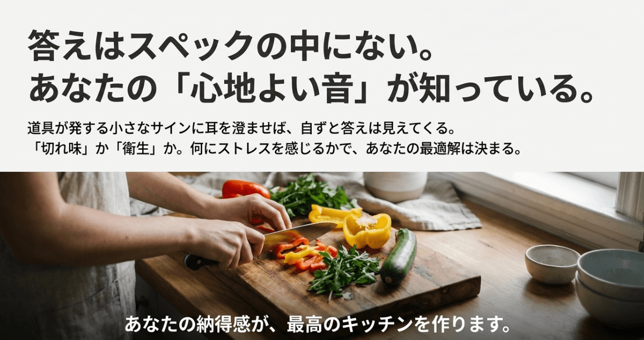  道具のシグナルに耳を澄ませ、ストレスのない自分に最適なまな板を選ぶための最終メッセージ画像。