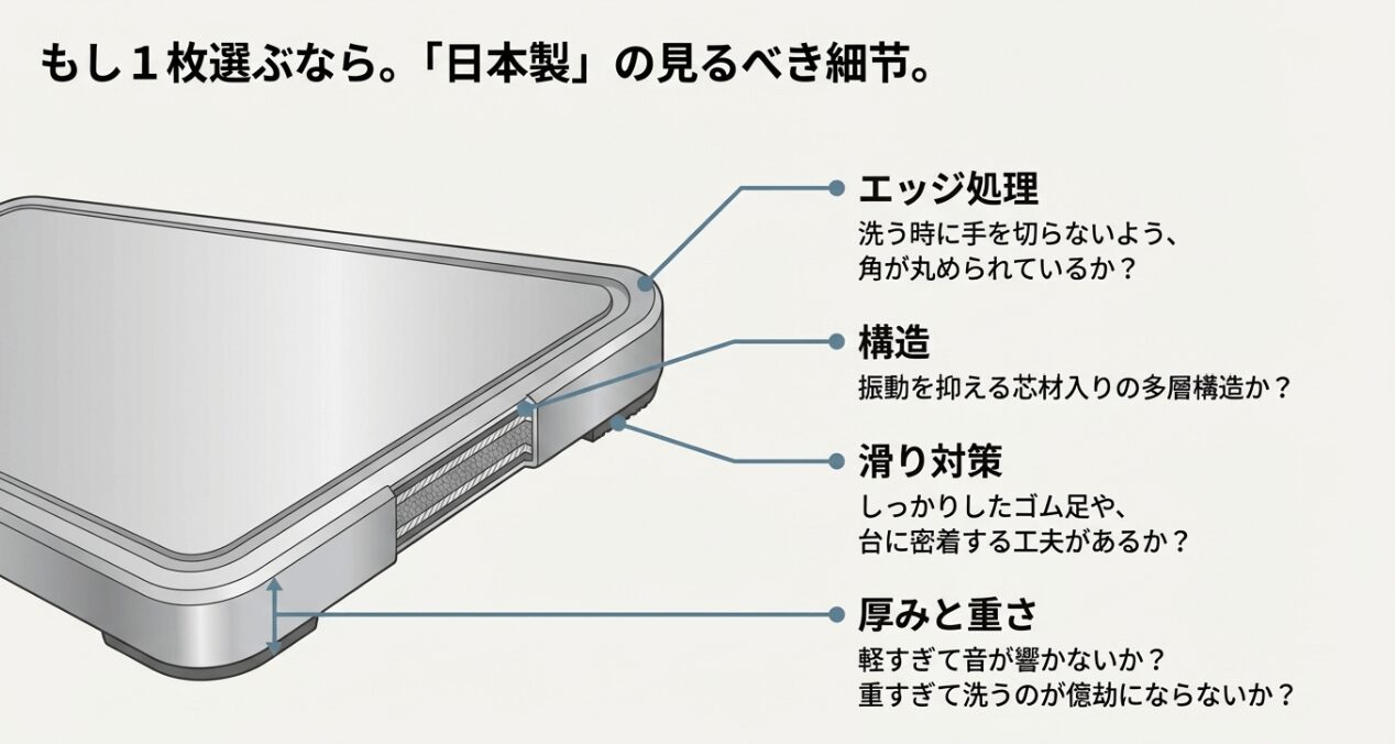 日本製ステンレスまな板を選ぶ際の細部（エッジ処理、多層構造、滑り対策、厚みと重さ）の確認ポイント。 