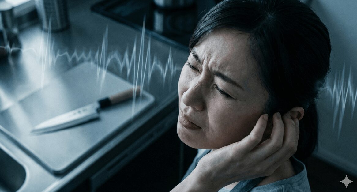 ステンレスまな板と包丁から発生する甲高い金属音に耳を塞ぎ、不快そうな表情を浮かべる日本人女性。音の振動が波形として視覚化されているイメージ。