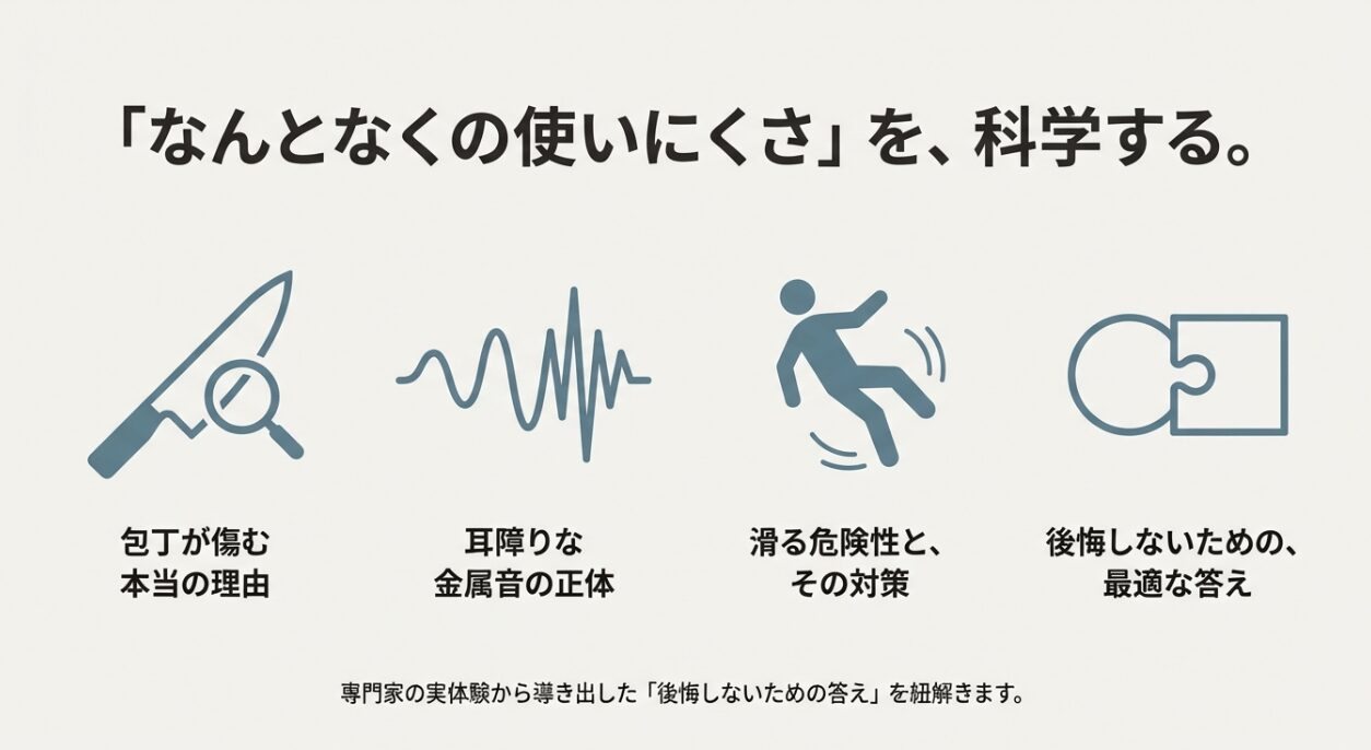 ステンレスまな板に対する清潔・プロ仕様という期待と、包丁を傷つける不安を対比させた導入スライド。