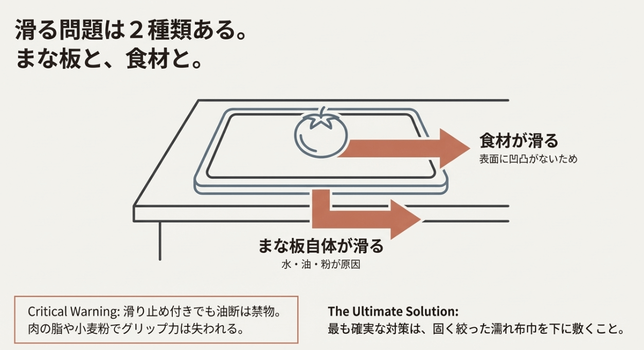 ステンレスまな板の滑る2大原因（まな板自体・食材）と、最も確実な対策である濡れ布巾の使用方法を示した画像。 
