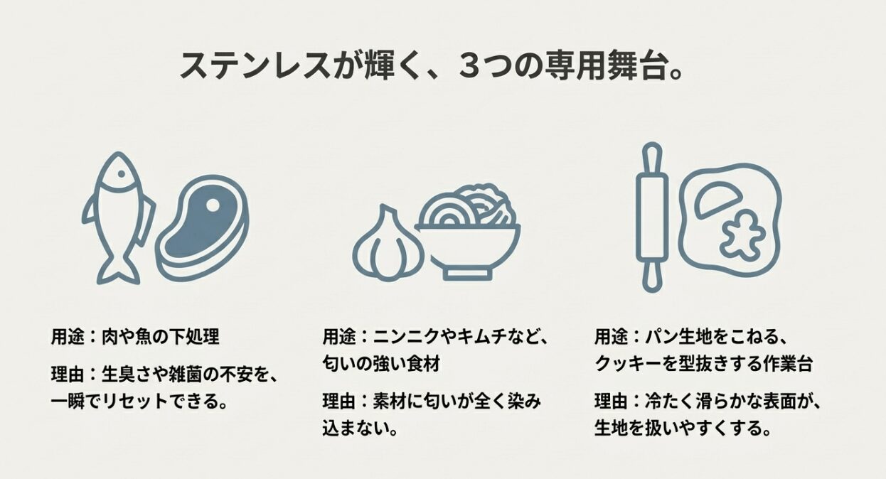 肉・魚の下処理、匂いの強い食材、お菓子作り作業台としてステンレスまな板が輝く理由をまとめた画像。 