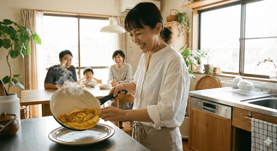 明るいキッチンで、笑顔でグリーンパンからオムレツを皿に移している日本人女性と、食卓で待つ夫と子供。焦げ付かずにスルスルと料理ができる快適さと、家族団らんの幸せな様子。