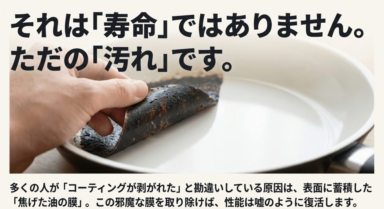 グリーンパンのコーティングが剥がれたように見えるのは寿命ではなく、焦げた油の汚れ膜であることの解説