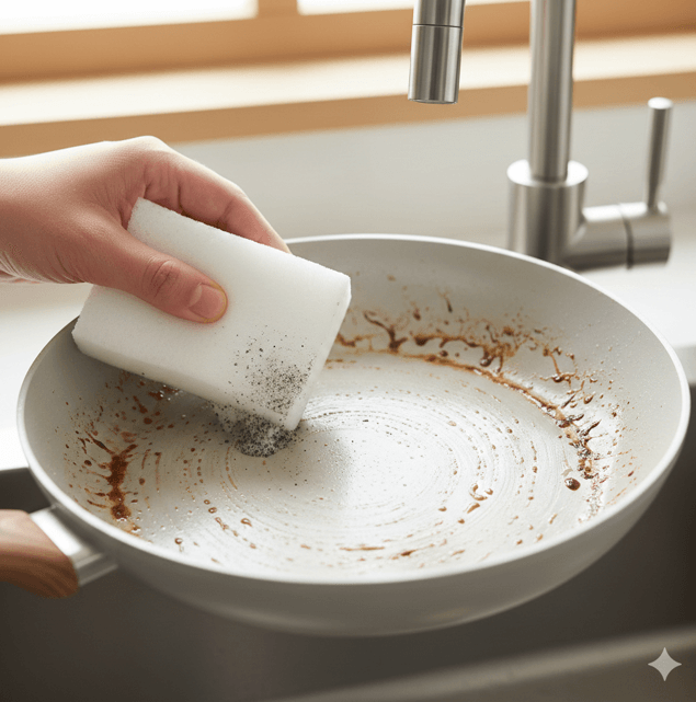 メラミンスポンジを使って、焦げ付いたセラミックフライパンの内面を優しく擦り、汚れを落として復活させるメンテナンス方法。