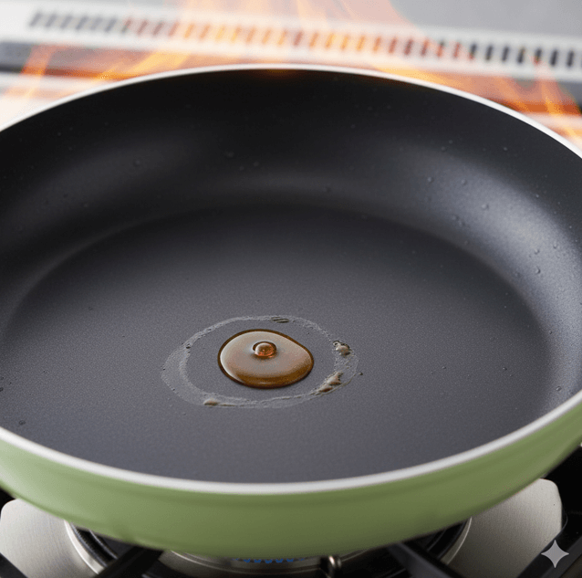 熱伝導率の高いセラミックフライパンを強火で加熱しすぎ、油が炭化して焦げ付くメカニズムの視覚化。