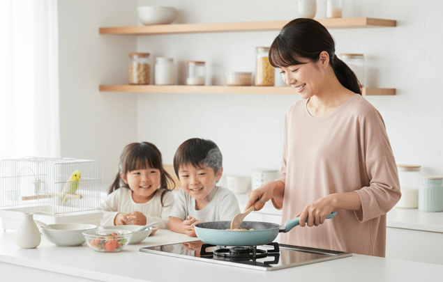 小さな子どもやインコなどのペットがいる家庭で、有害物質の不安なく安全に料理ができる様子。