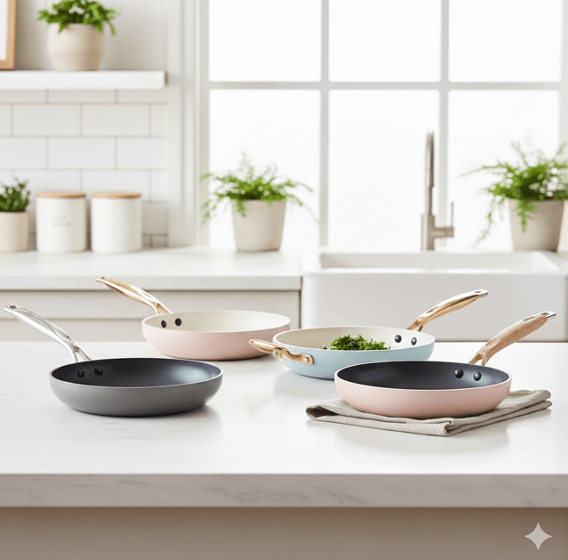 グリーンパンの異なる人気シリーズ（ヴェニスプロ、パドヴァ、ウッドビーなど）をモダンなキッチンで並べて比較している集合イメージ。