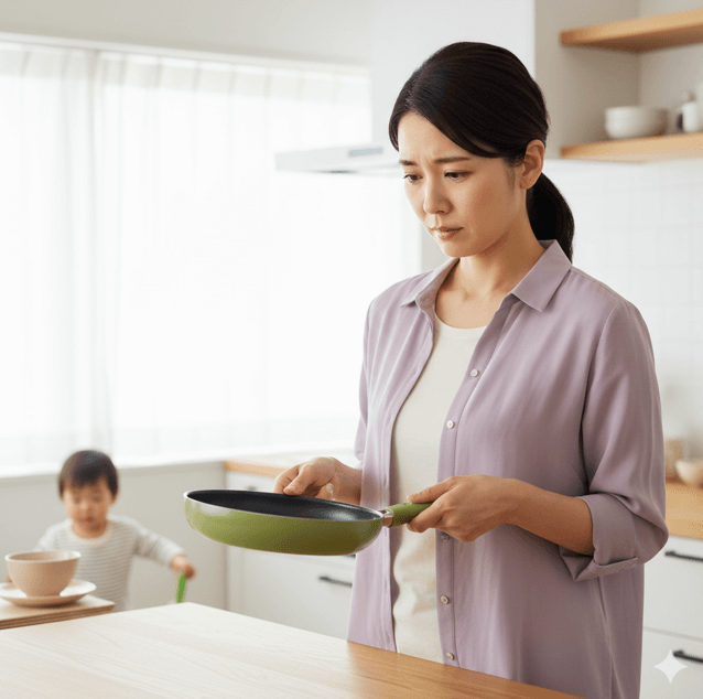 グリーンパンのフライパンを手に持ち、何かを悩んでいる主婦