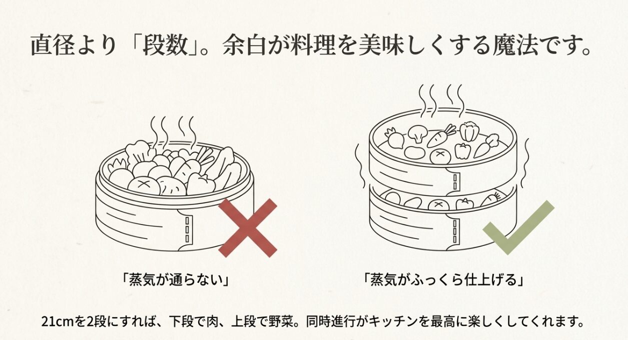 せいろに食材を詰め込みすぎた失敗例と、2段に分けて蒸気の通り道を確保した成功例の比較イラスト。 