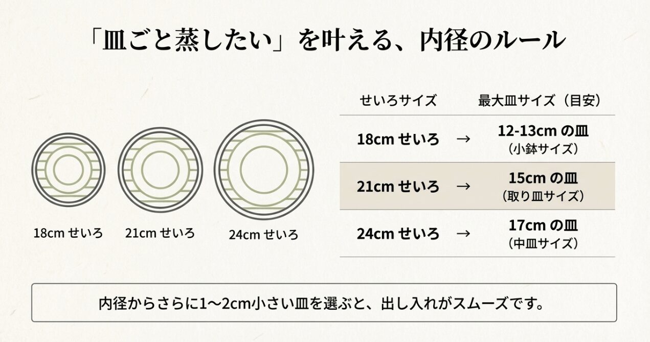 18cm、21cm、24cmのせいろに対し、それぞれ適切な皿のサイズ（内径マイナス1〜2cm）を示したサイズチャート。