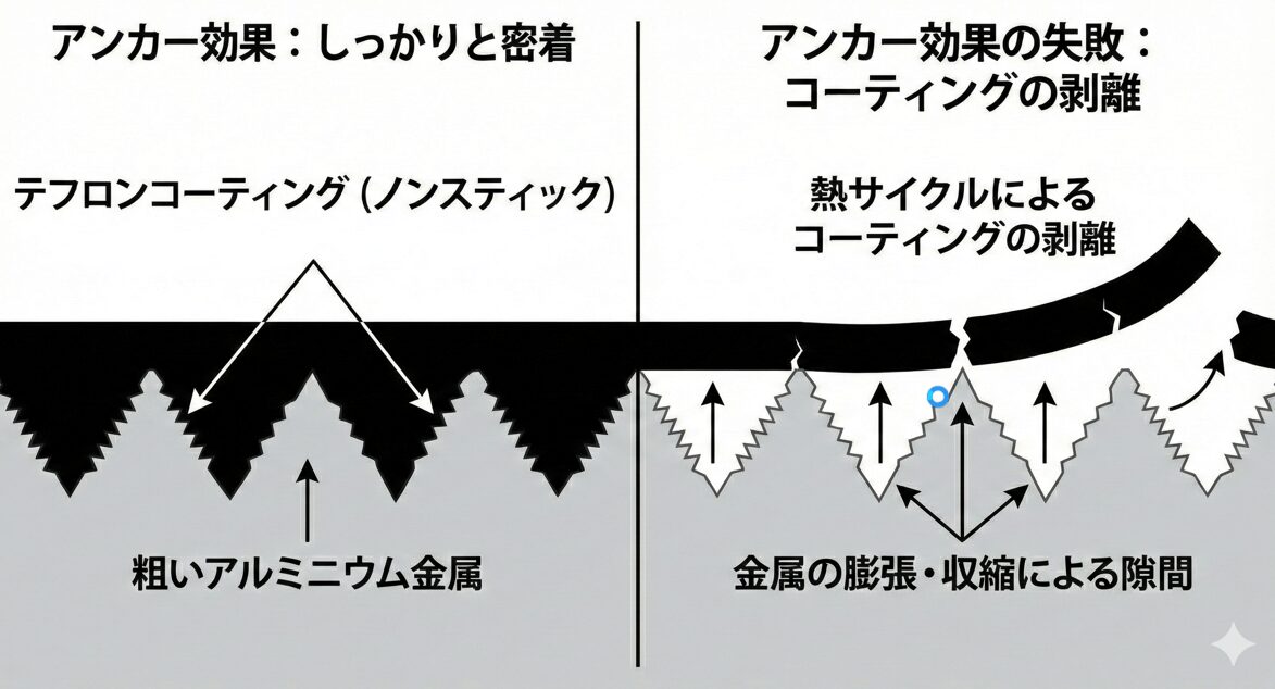 テフロンフライパンの表面構造とコーティングが剥がれる仕組みの図解。左側は金属の凹凸に樹脂が食い込むアンカー効果の状態、右側は熱による膨張と収縮で結合が緩み剥離する様子を解説