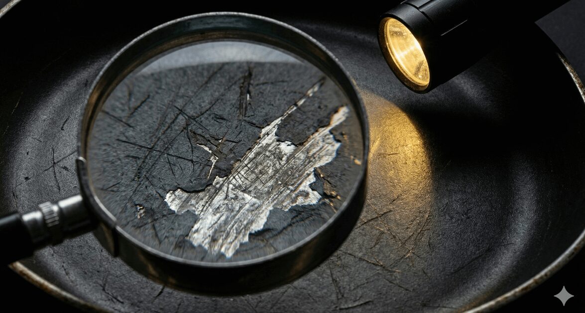 傷ついたフライパンのコーティング表面を虫眼鏡とライトで拡大観察している様子。劣化状態の診断と確認をイメージした写真