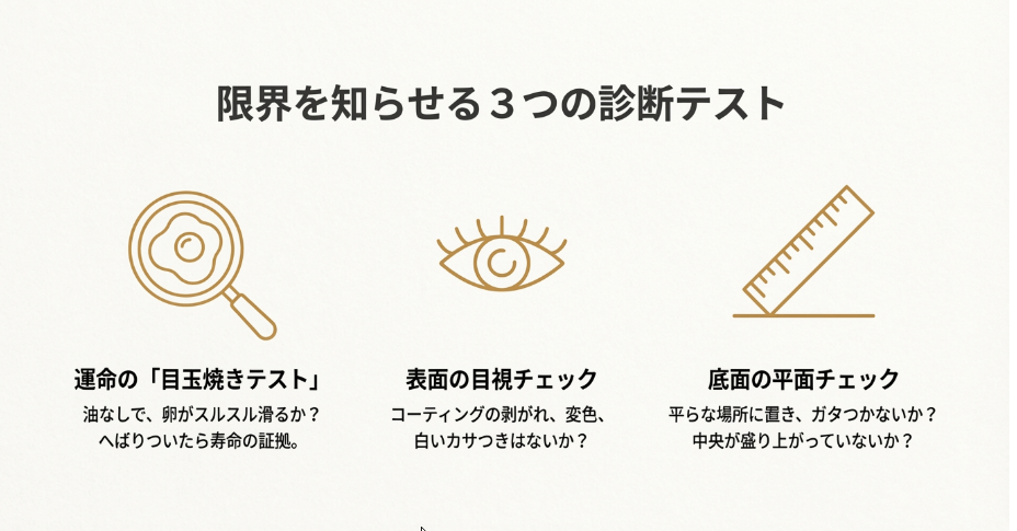フライパンの買い替え時期を見極める3つの診断テスト。目玉焼きの滑り、コーティングの目視確認、底面の歪みチェックのアイコン一覧