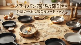 様々な素材のフライパンが置かれたキッチンカウンターで、羅針盤が古い地図上の道を指し示し、その先に光り輝くフライパンがある。「フライパン選びの羅針盤 最高の一本に出会うロードマップ」というタイトルテキストのアイキャッチ画像。
