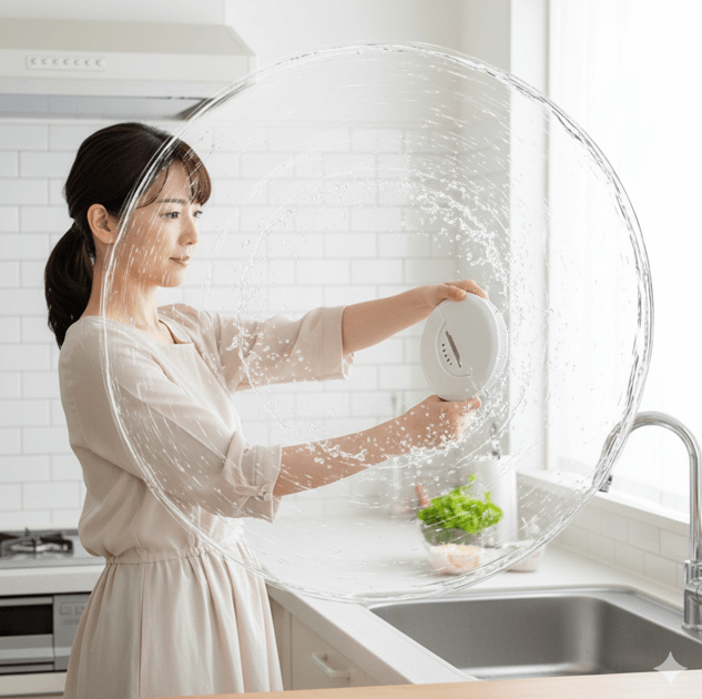 洗浄後に遠心力を利用し、ブンブンチョッパーの蓋を勢いよく振って内部の残留水分を飛ばす「ブンブン脱水」の実践イメージ。