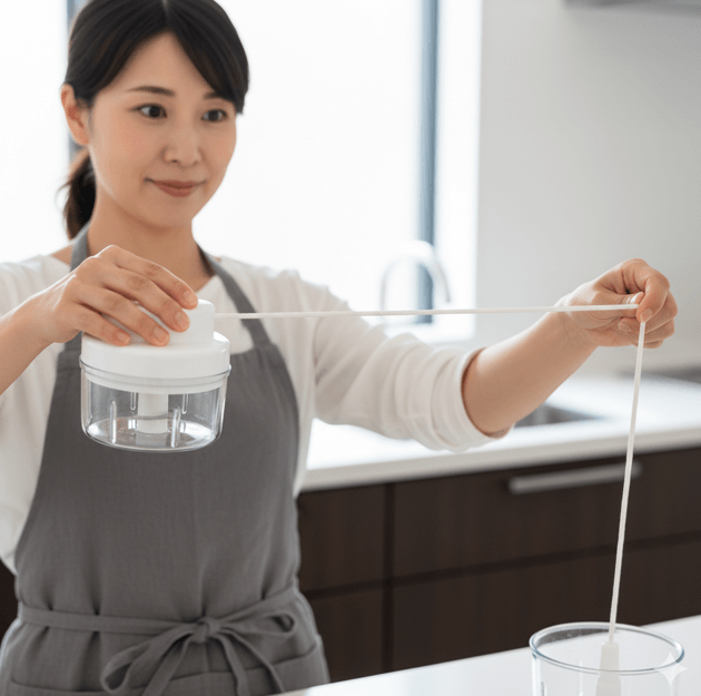 洗濯バサミで紐を固定し、ブンブンチョッパーを日陰に吊るしてコード全体を完全に乾燥させている様子の実践画像。