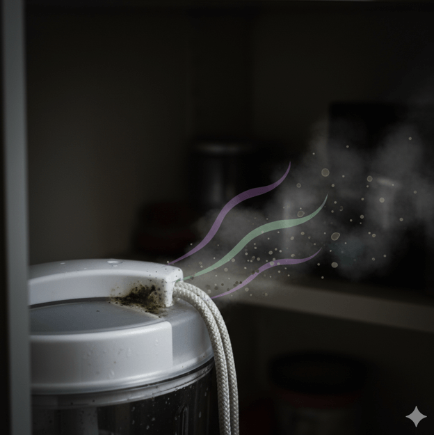 濡れたまま蓋の内部に巻き取られたブンブンチョッパーの紐から生乾き臭（雑菌）が発生している、湿気による衛生問題の警告画像。