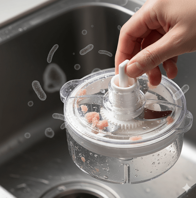 生肉を刻んだ後、水洗いだけでは除去しきれず、紐の隙間に潜んでいるカンピロバクターなどの食中毒菌のリスクを表現したブンブンチョッパーのクローズアップ。