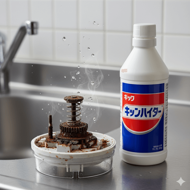 塩素系漂白剤に浸け置きした結果、内部の金属パーツ（バネやネジ）が腐食し錆びてしまったブンブンチョッパーの蓋の断面イメージ。