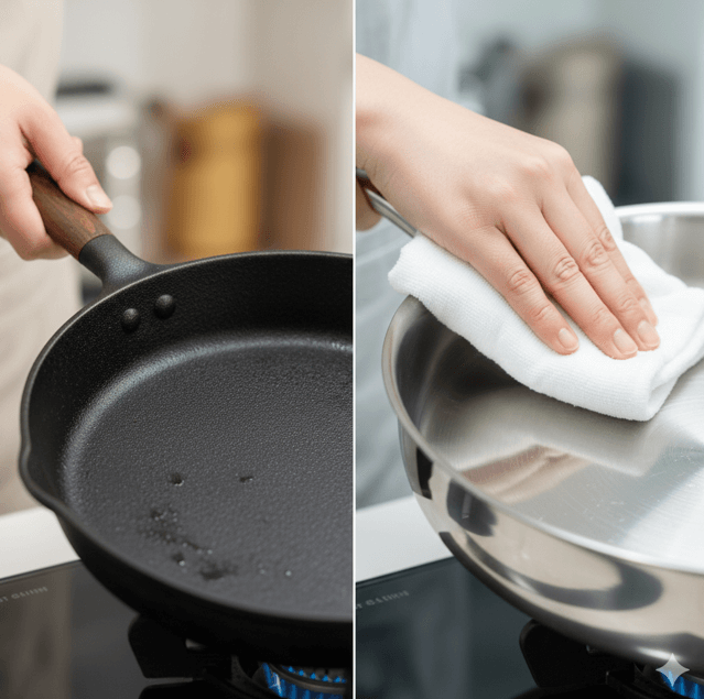 左側で油が馴染んだ鉄フライパンを扱う手と、右側でステンレスフライパンを布で磨き上げる手のクローズアップ。