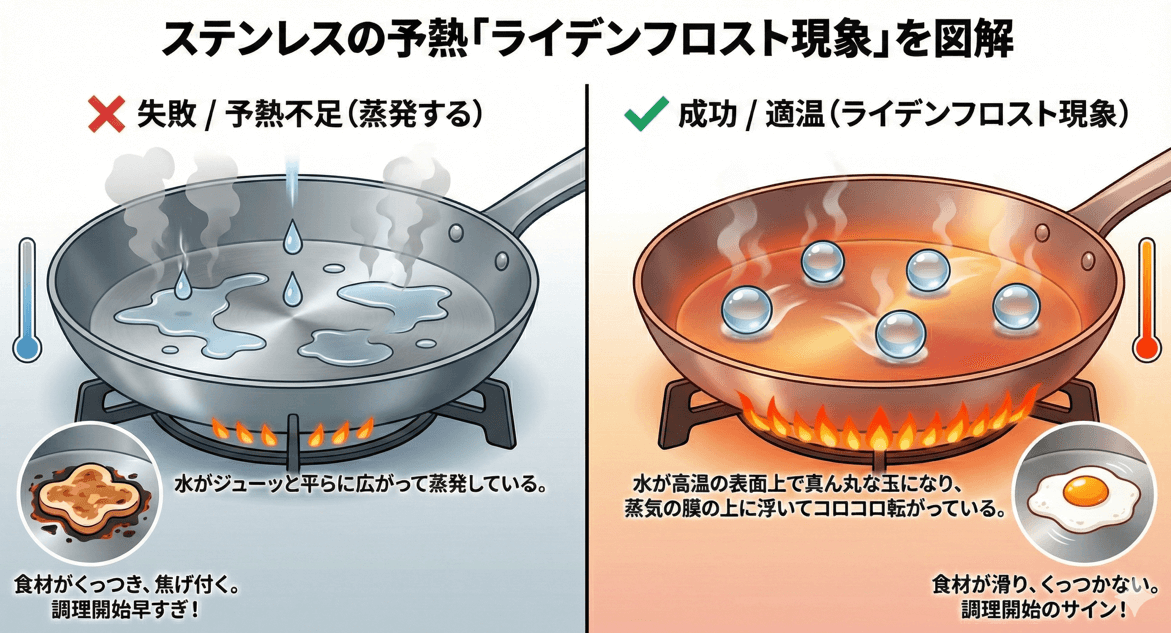 ステンレスの予熱方法を図解。左側（失敗）は水が蒸発し、右側（成功）は水玉がコロコロ転がるライデンフロスト現象を示した比較イラスト。