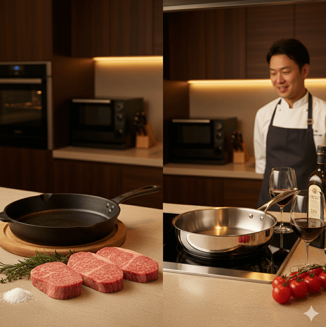 鉄フライパン（肉料理）とステンレスフライパン（ソース料理）を並べ、それぞれの得意分野に合わせて使い分けることを提案する画像。