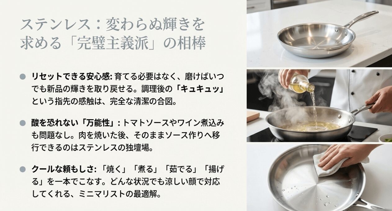 輝くステンレスフライパンでの調理風景と洗浄後の清潔な様子。リセットできる安心感、酸に強い万能性、クールな頼もしさを解説したスライド。
