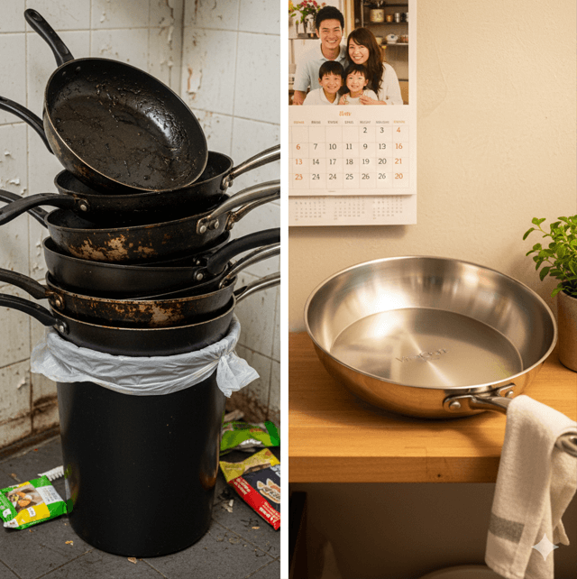 頻繁に買い替えが必要なテフロンフライパンと、一生使えるビタクラフトのオールステンレスフライパンを対比させた、長期的なコスパを視覚化したイメージ。