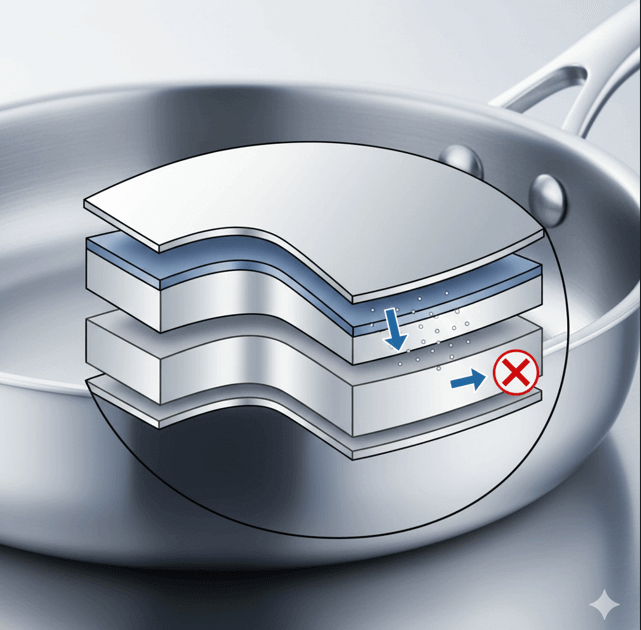 食材にアルミニウムが触れないよう、ステンレス層が完全にサンドイッチするビタクラフトの全面多層構造を説明する断面図のイラスト。