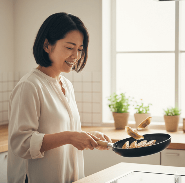 片手で軽々とフライパンを持ち上げ、その中で食材がスムーズに滑りながら調理されている様子。日本の女性が楽に料理している快適な瞬間。