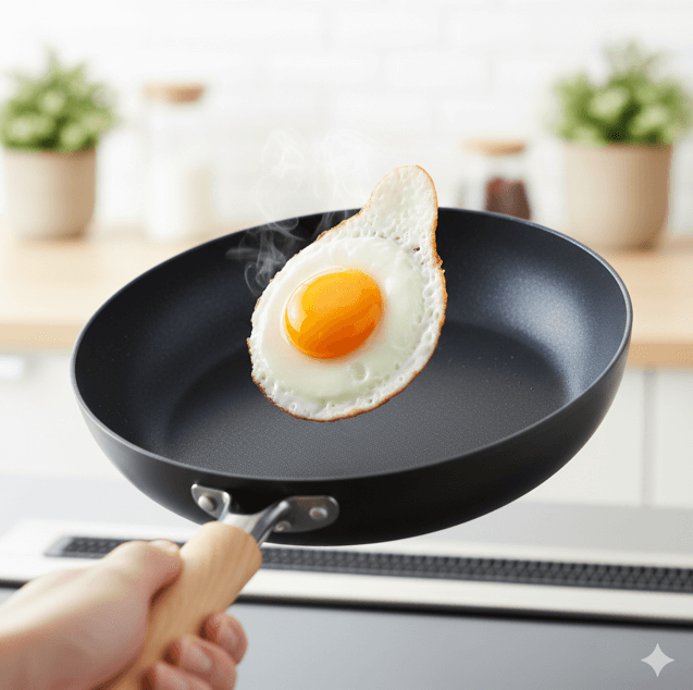 フライパンの表面から目玉焼きが勢いよく飛び跳ねている瞬間を捉えたダイナミックなクローズアップ。焦げ付かず、完璧に調理された状態の目玉焼きが宙に舞い、フライパンの圧倒的な離形性（くっつかない性能）を象徴している。