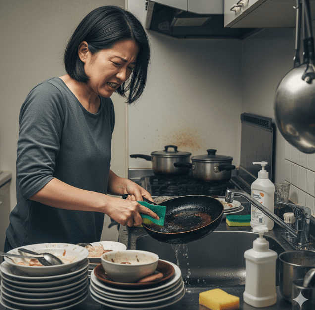 キッチンでフライパンの焦げ付きを洗い落とすことに苦労している日本の女性。疲れ切った表情で、シンクには洗い物が溜まっている。