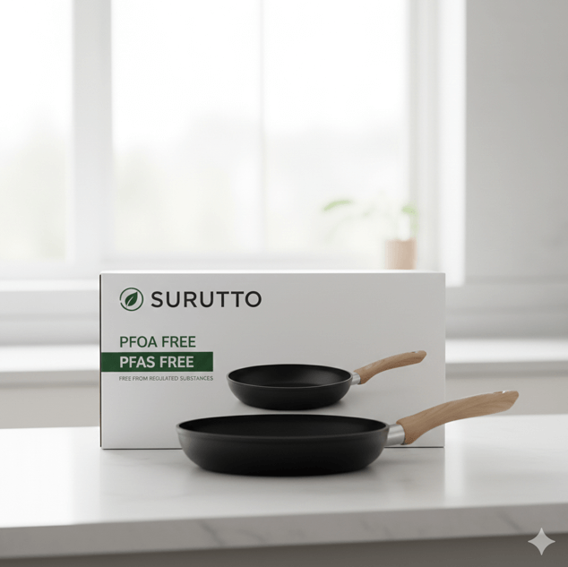 化学物質フリーであることを示すマークが描かれた、安全性の高いフライパンのパッケージ。クリーンで信頼感のあるデザイン。