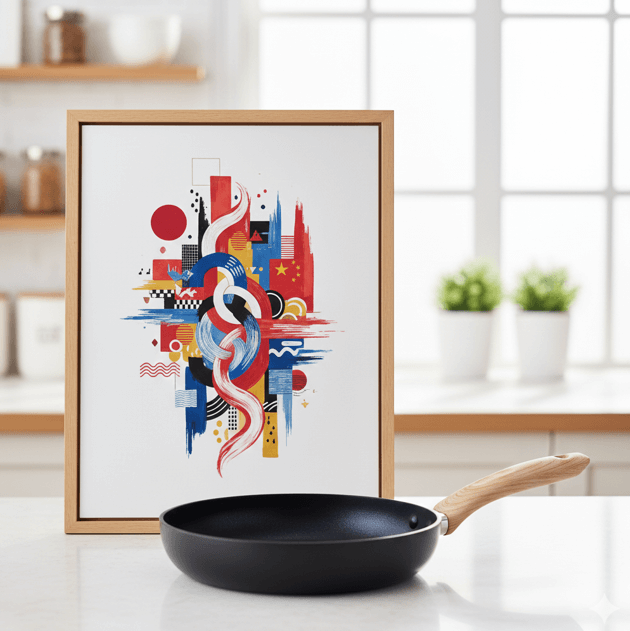 日本、韓国、中国の国旗が抽象的に融合したデザイン。その下に一般的なフライパンが置かれ、国際的な協力と製造背景を象徴している。