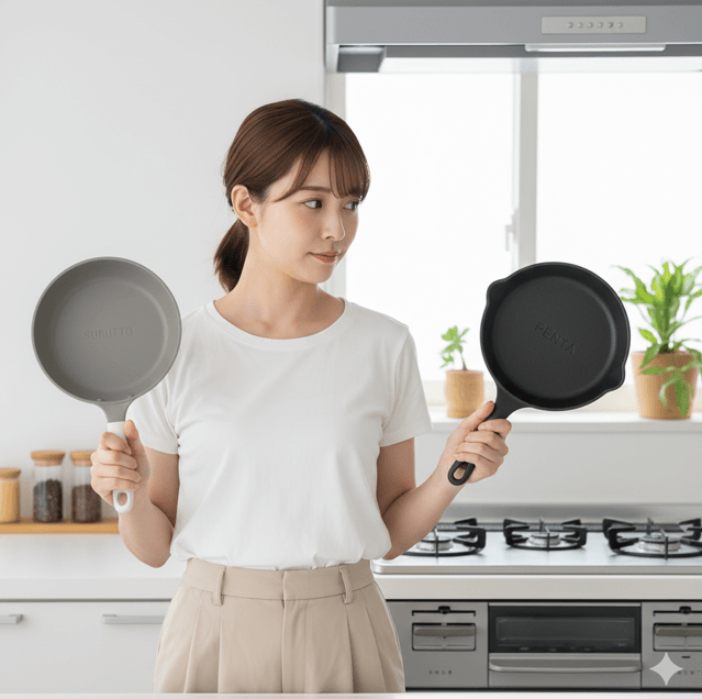 明るくモダンなキッチンで、日本の主婦が２つの異なるフライパンを両手に持って比較している。一つはシンプルで軽快な印象（SURUTTO）、もう一つは重厚でしっかりとした印象（PENTA）のフライパンで、どちらを選ぶか検討している様子。