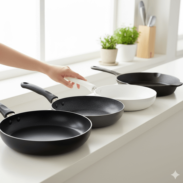 明るいキッチン棚に並べられた、フッ素加工、セラミック、鉄など、様々な素材のフライパン。どれを選ぶか迷っている日本人女性の手元。フライパンの種類と寿命比較をテーマにした画像。