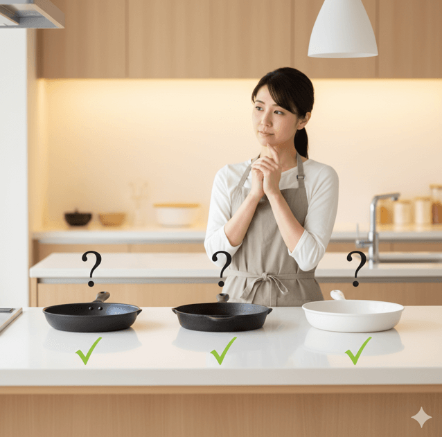 3種類のフライパンのシルエットの上に「？」マークがあり、その下が「✓」マークに変わる様子の抽象的な画像。唯一の正解はなく、ライフスタイルによって最適な答えが異なるという結論を示すコンセプトアート。
