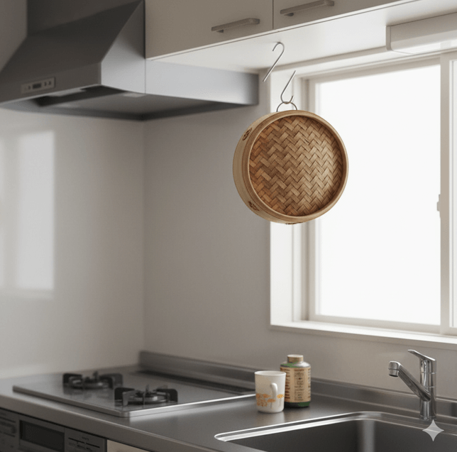 清潔感のあるキッチンの窓際で、S字フックに吊るして陰干しされている竹せいろ。風通しの良い場所で乾燥させている様子。