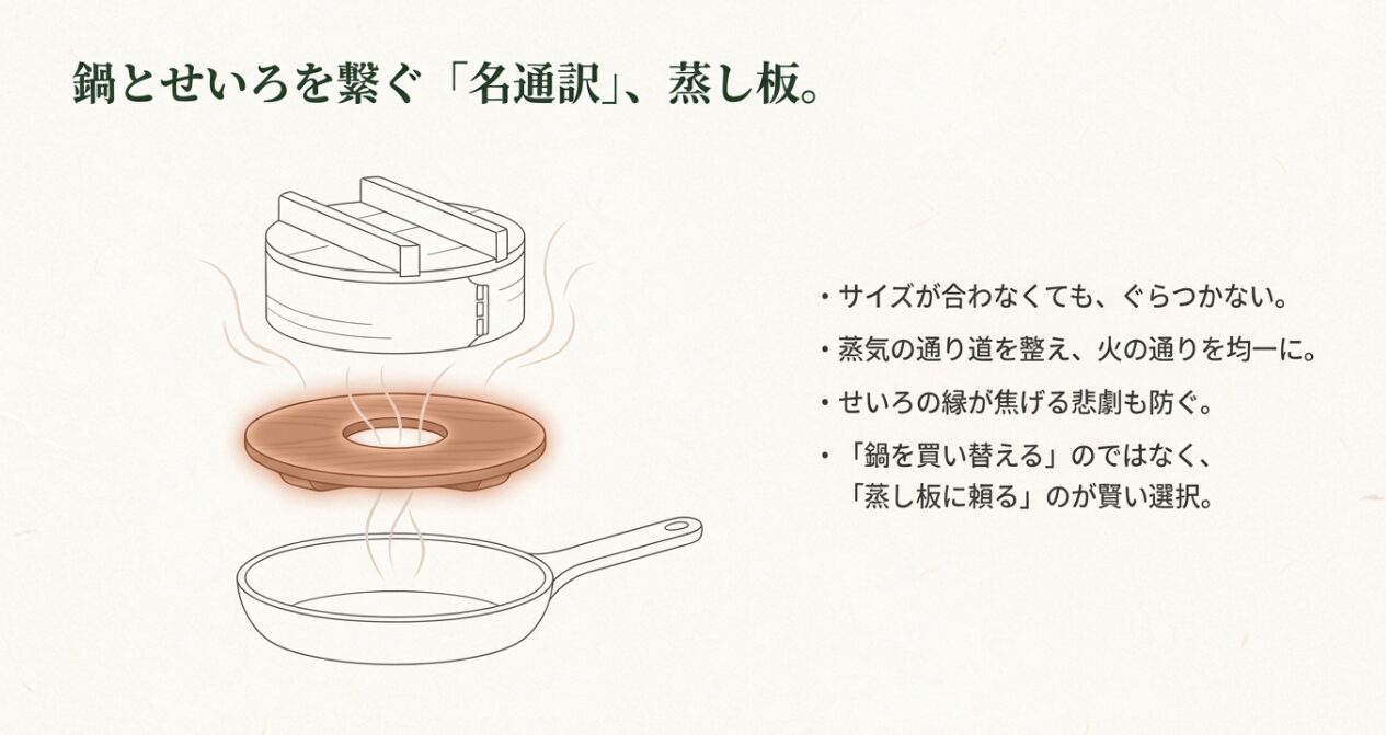 蒸し板を使うことで鍋とせいろのサイズ違いを解消し蒸気を安定させる図解