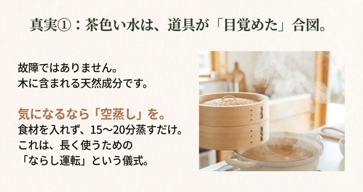 新品のせいろから出る茶色い水は木の天然成分である説明と空蒸しの手順 
