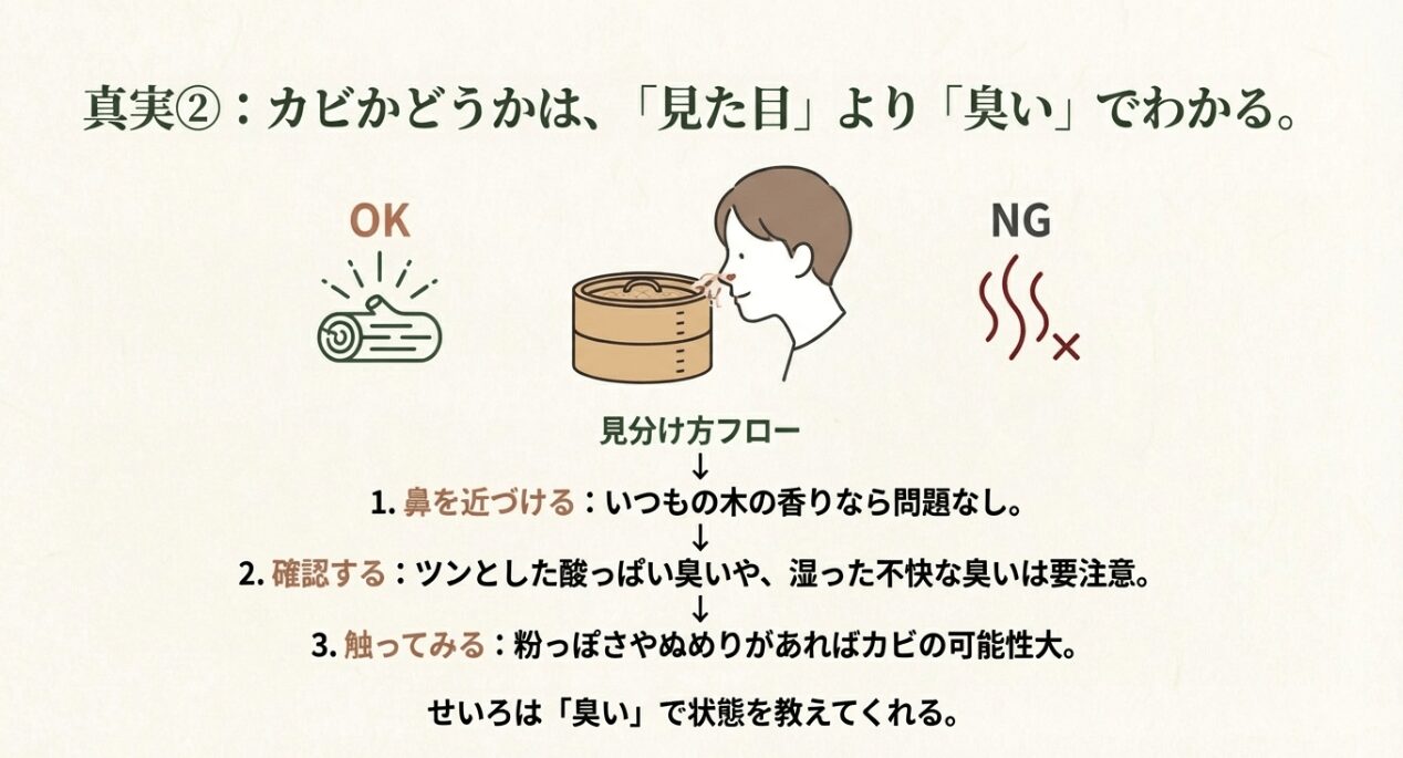 せいろの黒ずみがカビかどうかを臭いと手触りで判断するためのチェックリスト 
