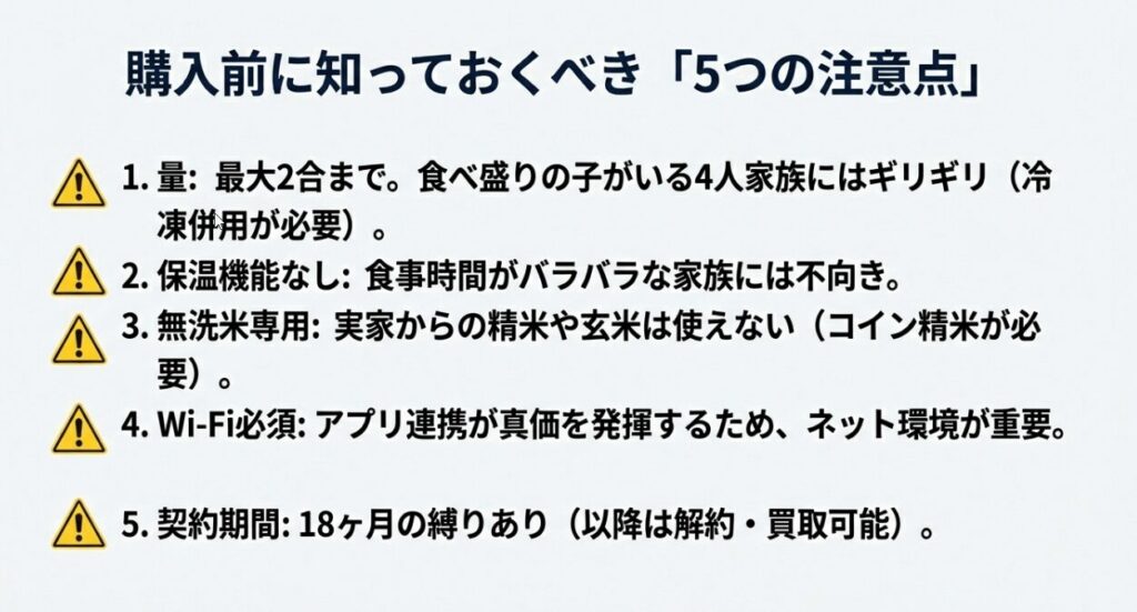 容量不足、保温なし、無洗米専用、Wi-Fi必須、契約期間縛りの5つのデメリット警告