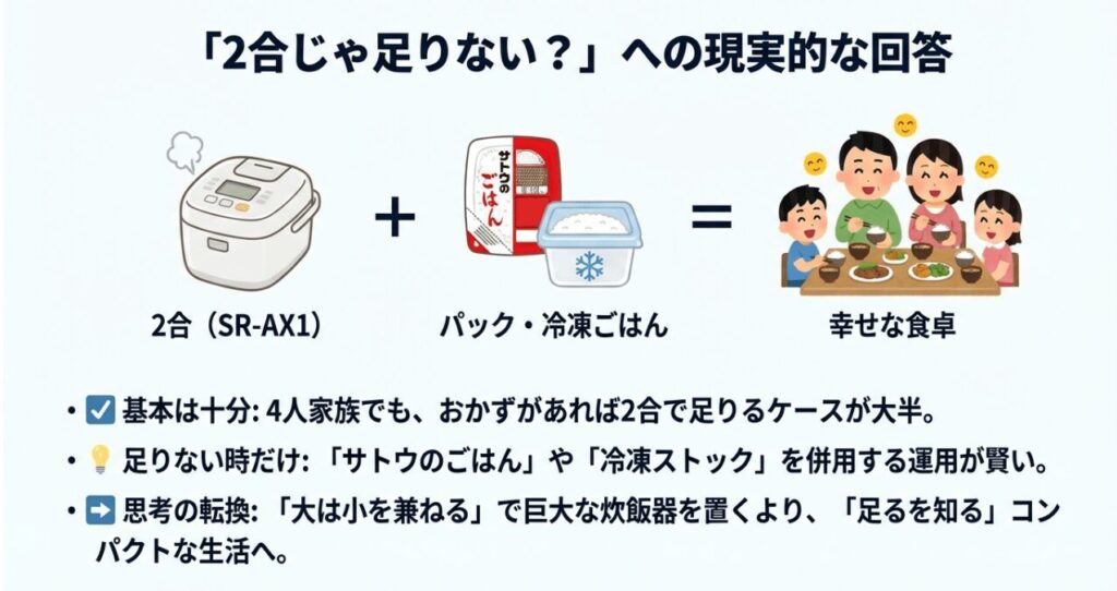 SR-AX1の2合炊きにサトウのごはんや冷凍ご飯を組み合わせて幸せな食卓を作る提案図
