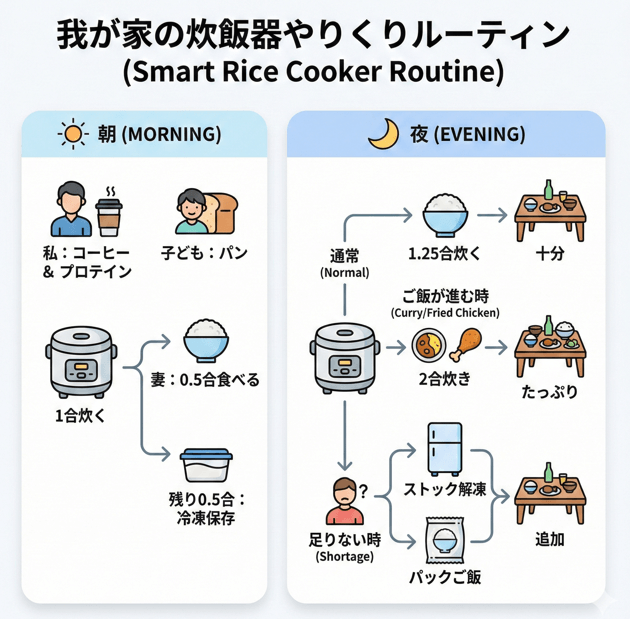 4人家族におけるSR-AX1(2合炊き)の1日の活用ルーティン図解。朝食と夕食での炊飯量調整と、足りない場合のパックご飯や冷凍ストック活用フロー。