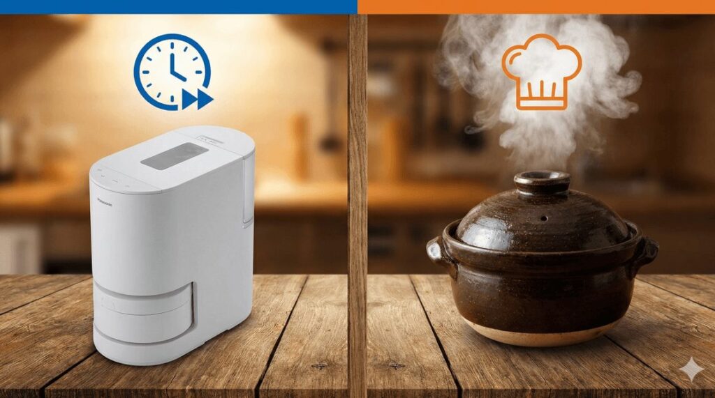 自動計量IH炊飯器SR-AX1による「究極の時短」と、伝統的な土鍋による「至高の味」の比較イメージ。全自動の効率性と手作りの美味しさを対比。