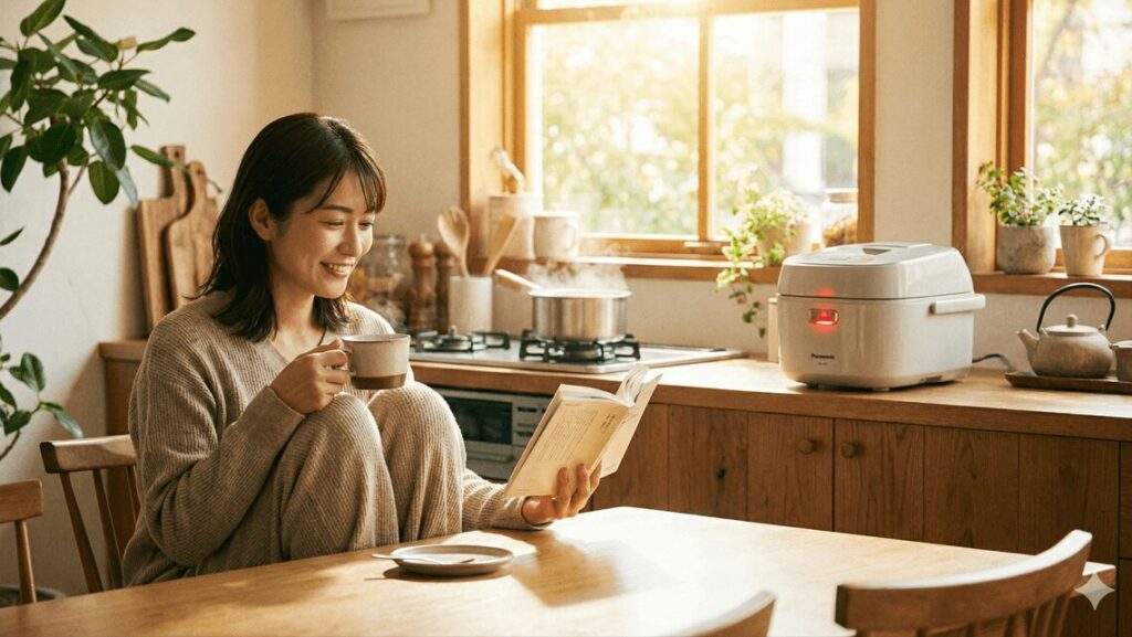 日差しの入る明るいキッチンで読書をしてくつろぐ女性と、全自動で稼働するパナソニックSR-AX1。