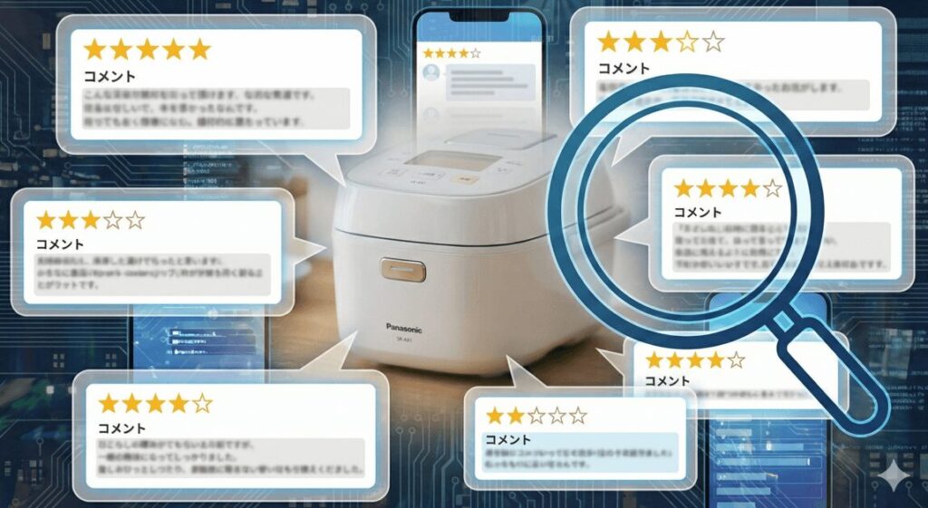 パナソニックSR-AX1に対する利用者のリアルな口コミと星評価を集めたイメージ。虫眼鏡を使って実際の評判やレビューを調査・分析している様子。
