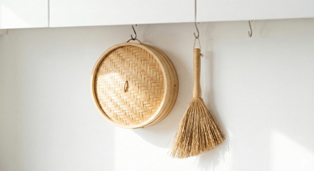 白いキッチンの壁にS字フックで吊るして収納された竹せいろと柄付きたわし