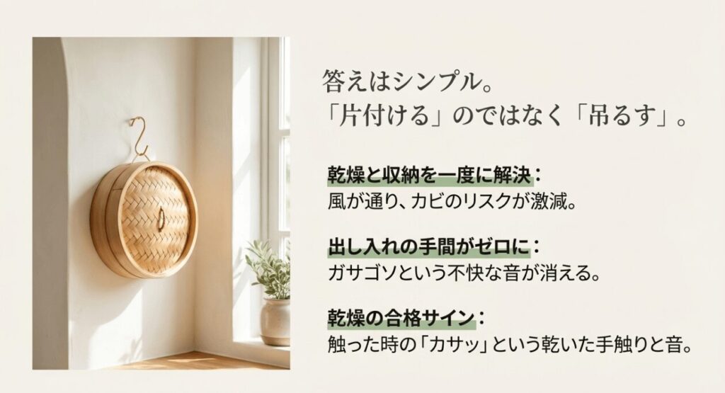 日当たりの良い壁にS字フックで吊るして乾燥させているせいろ
